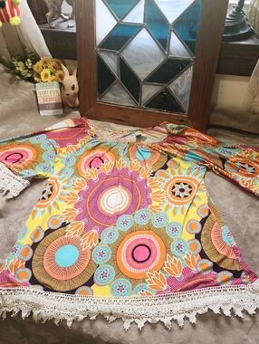 🌻🌻🌻Vibrant Boho Crochet-Hem Tunic Top - Multicolor By R Rouge